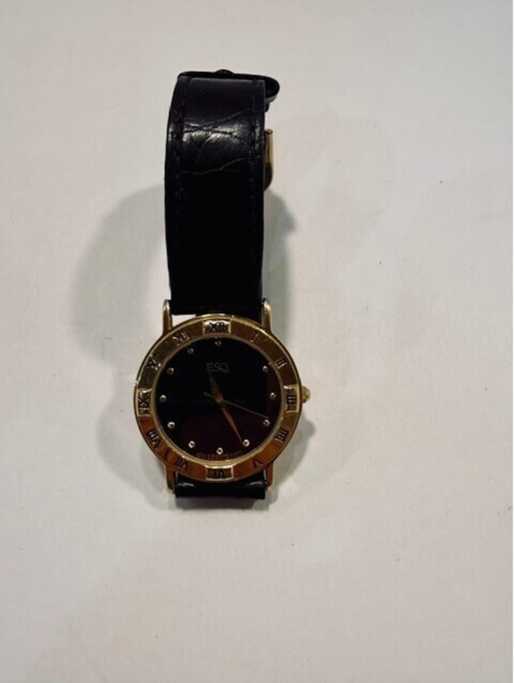 Vintage ESQ Movado Black Dial Gold Tone Swiss Quartz Dress Watch 300002 Leather - Picture 6 of 6